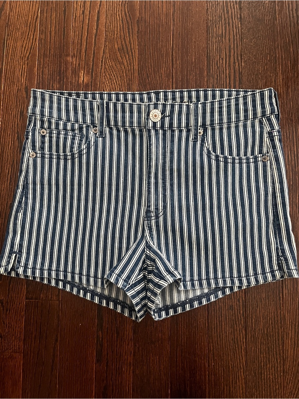American Eagle Outfitters Navy and White Striped Denim Shorts